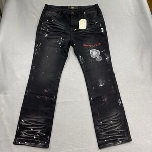 When Smoke Clears Jeans Mens 42 Black Denim Paint Splatter Whiskers Streetwear